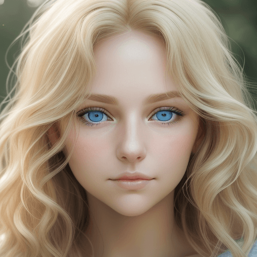 AI generated: A close-up portrait of a woman with blonde hair and blue eyes, facing the camera directly. Soft side...