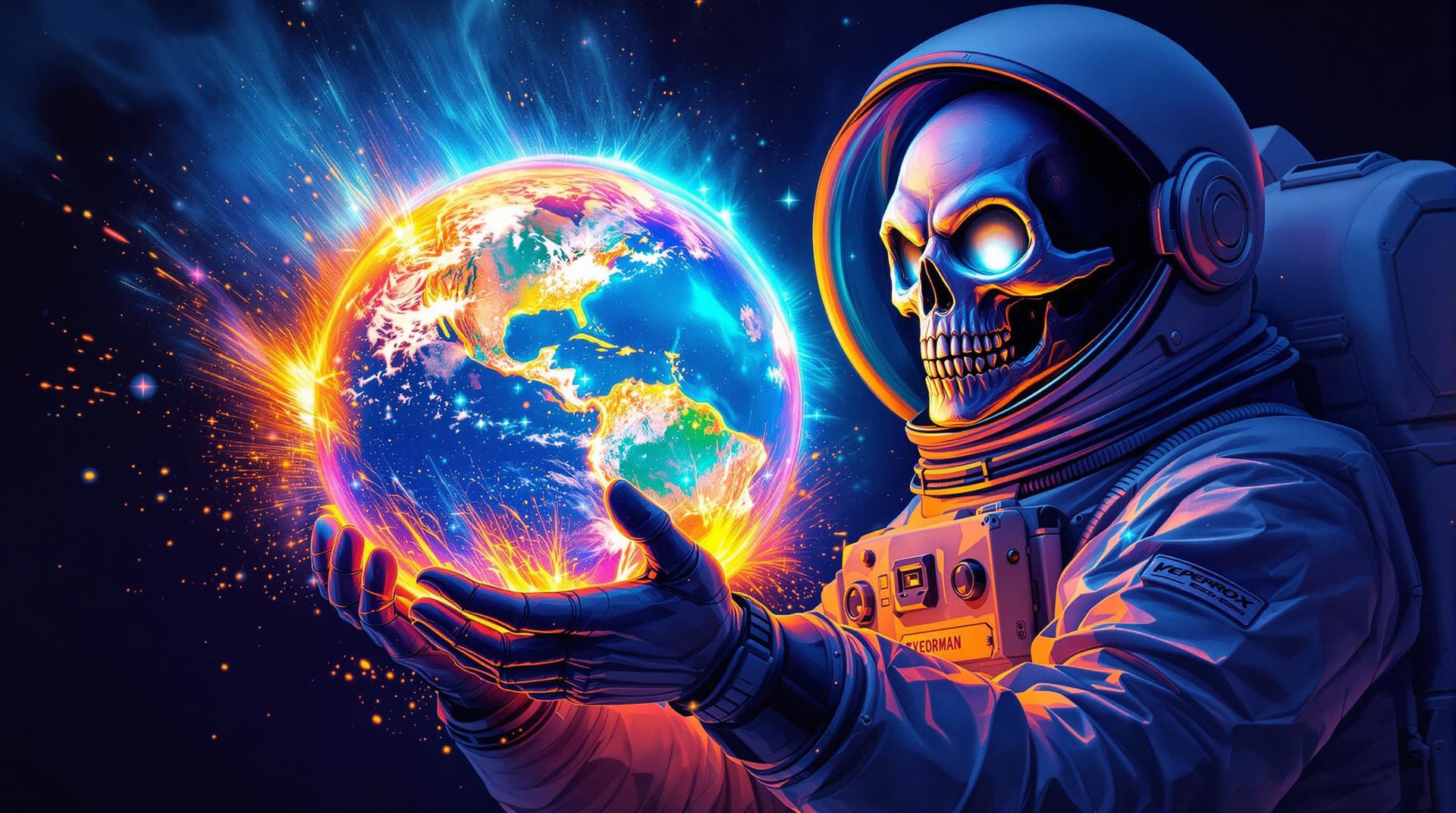 AI generated: 3D illustration of an astronaut holding the planet Earth with colorful lava inside, in the style of ...
