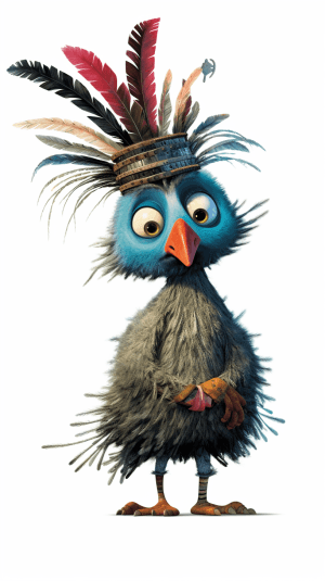 AI generated: A bird with vibrant feathers, in a feathered headpiece, with sparkling eyes and a mischievous expres...