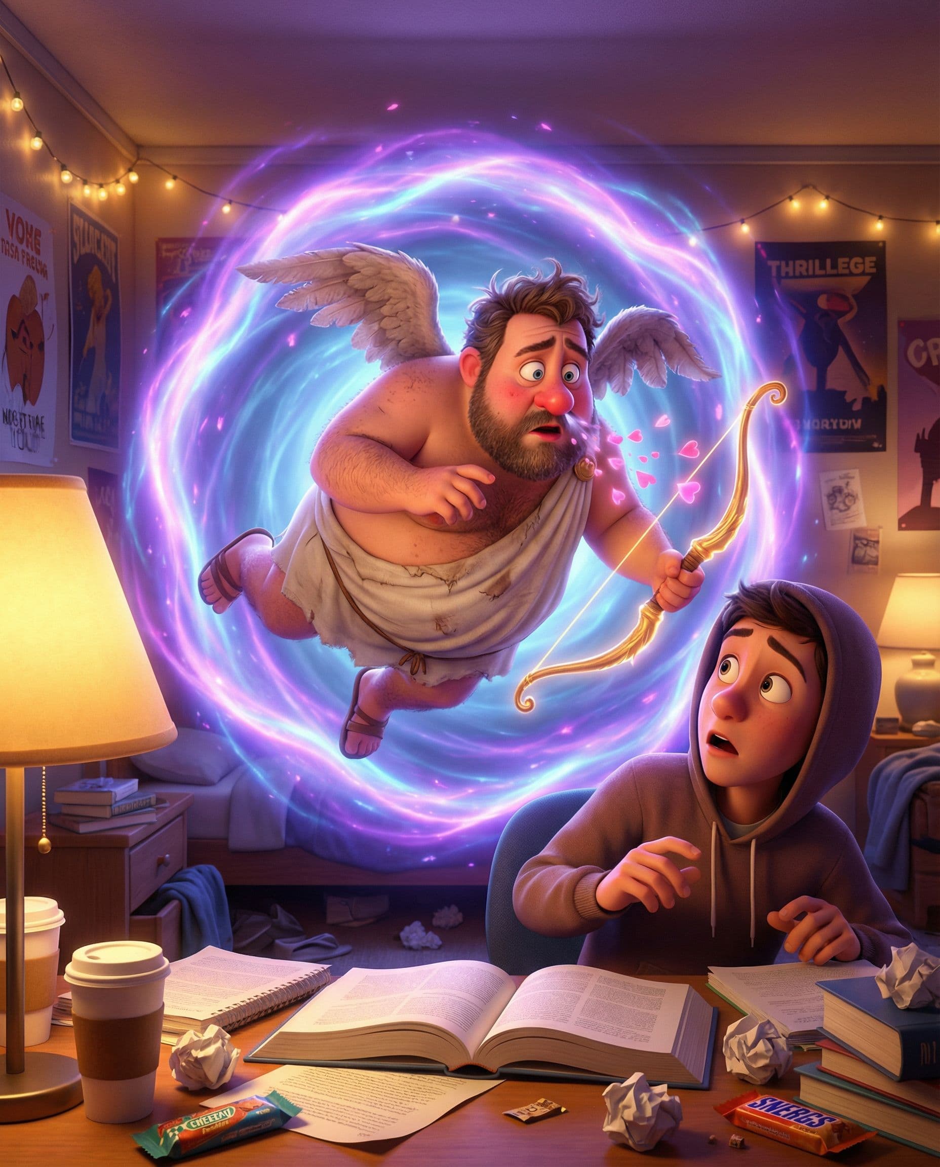 AI generated: Pixar style - A disheveled ((adult)) stud Cupid with drooping wings and a runny nose tumbling out of...