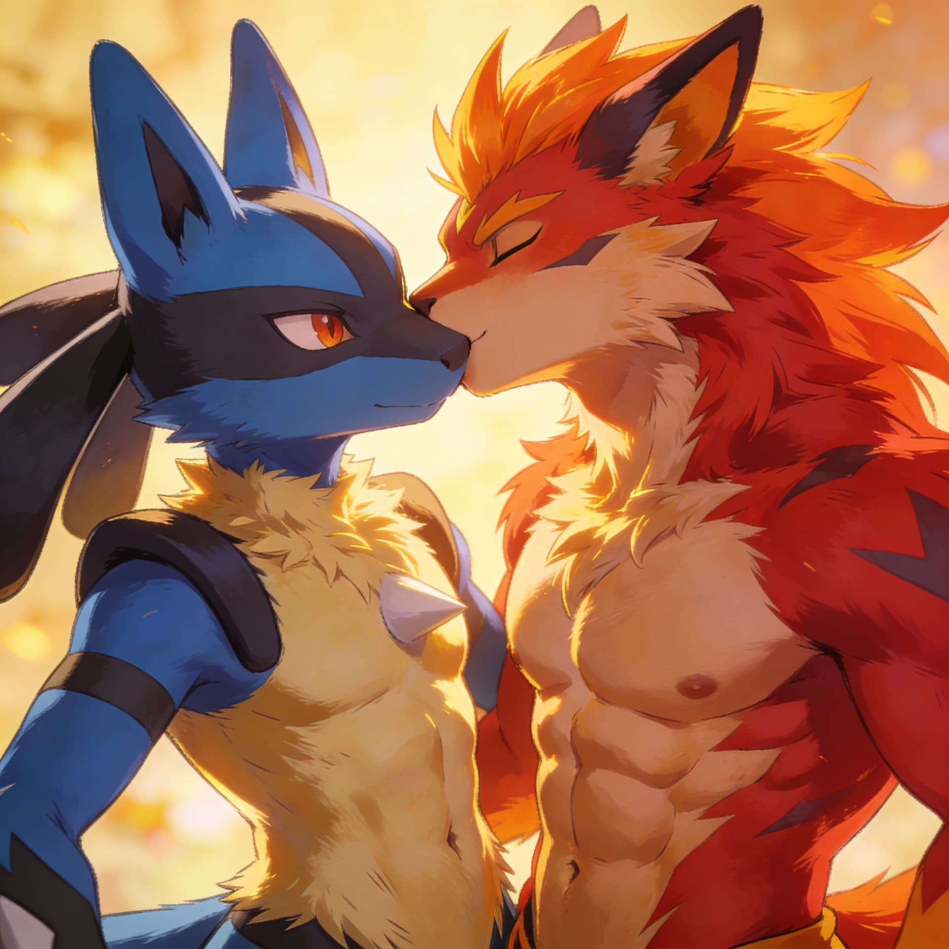 AI generated: Furry, Lucario, Incineroar , muscles, abs, kissing
