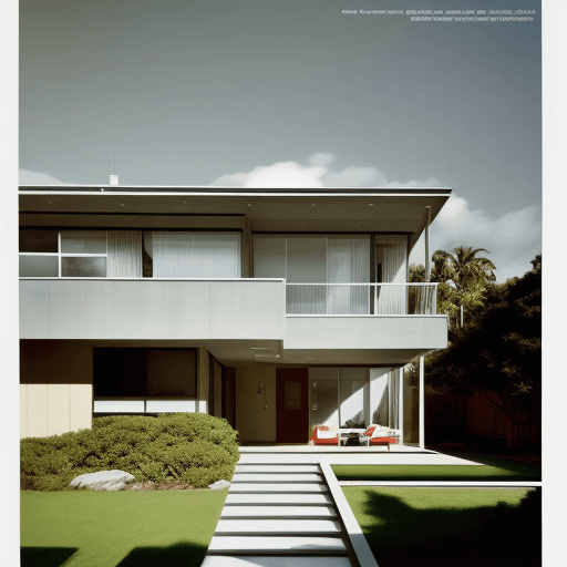AI generated: Hyper realistic eye level exterior photo of a mid century modern style house overlooking the ocean, ...