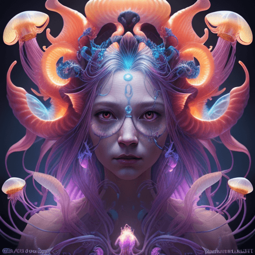AI generated: Goddess close-up portrait ribcagel. jellyfish phoenix head, nautilus, orchid, skull, betta fish, bio...