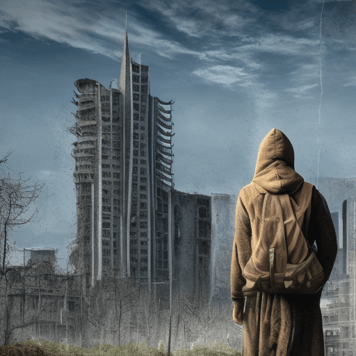 AI generated: Realistic image of Ruined post-apocalyptic Frankfurt city. Hooded person from the back.