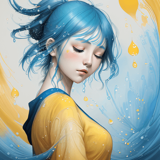 AI generated: a girl with blue hair with eyes closed, in the style of the stars art group (xing xing), yellow and ...