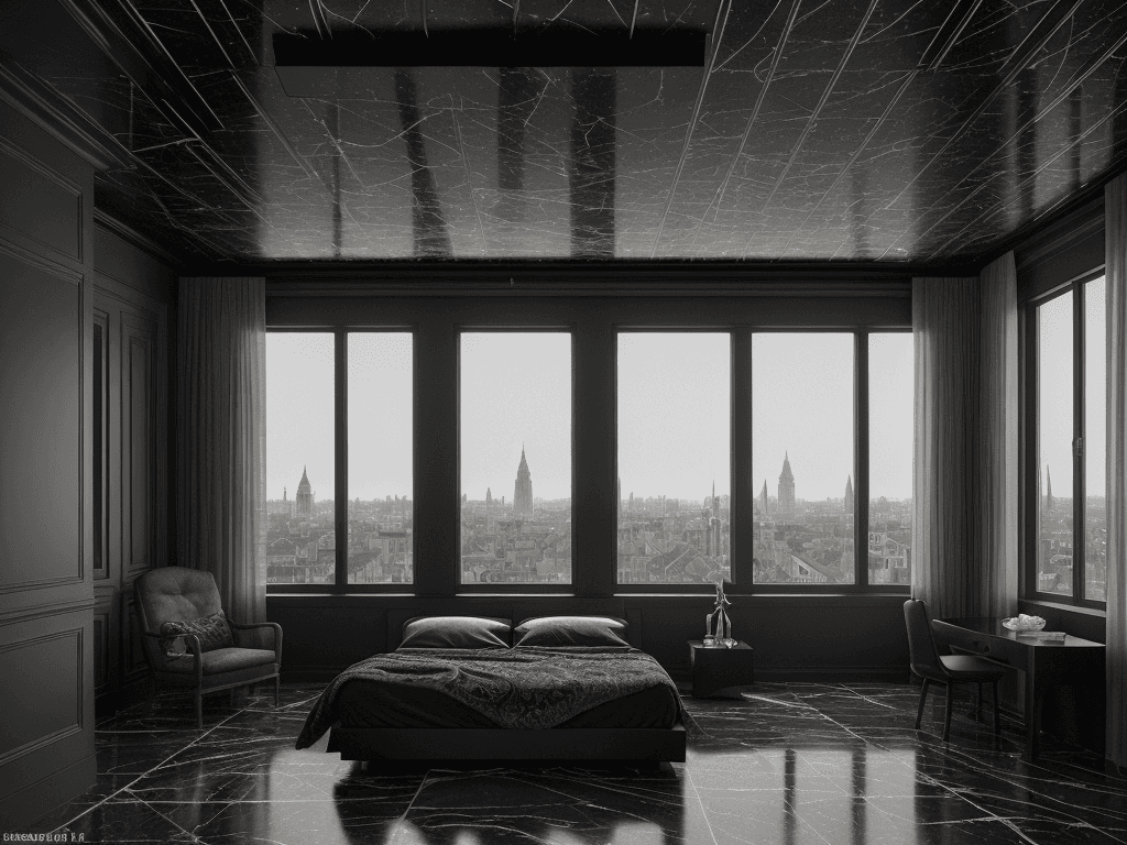 AI generated: High resolution photography interior design, dreamy sunken bedroom , black marble floor, small windo...
