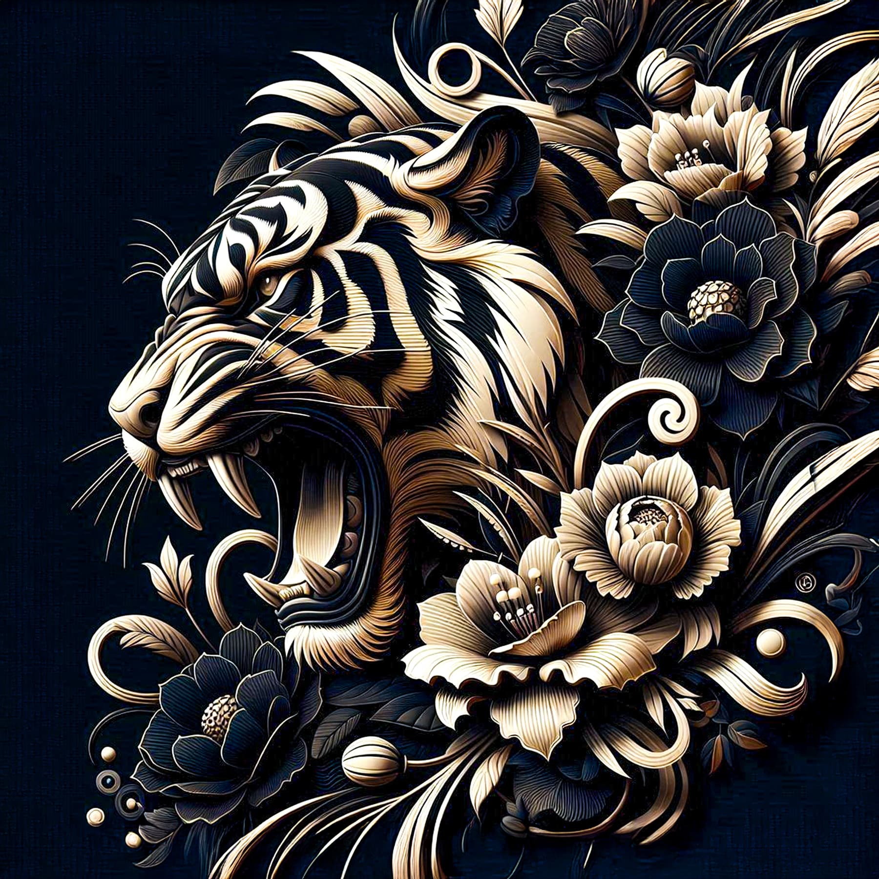 AI generated: 3D Tiger roaring with flowers around, on a black background, in the style of vector art, with dark f...