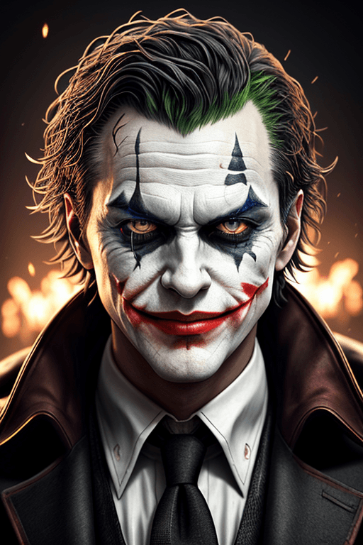 AI generated: Joker risen from the ashes, sparks, evil smile, contour light, high contrast, depth of field, photor...