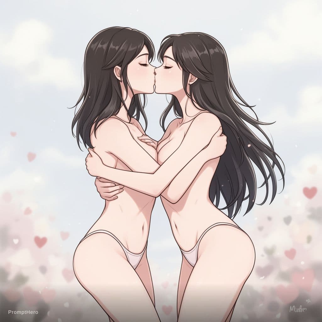 AI generated: Anime coloring, official style, lesbian, naked, French kissing, cuddling, breast press,