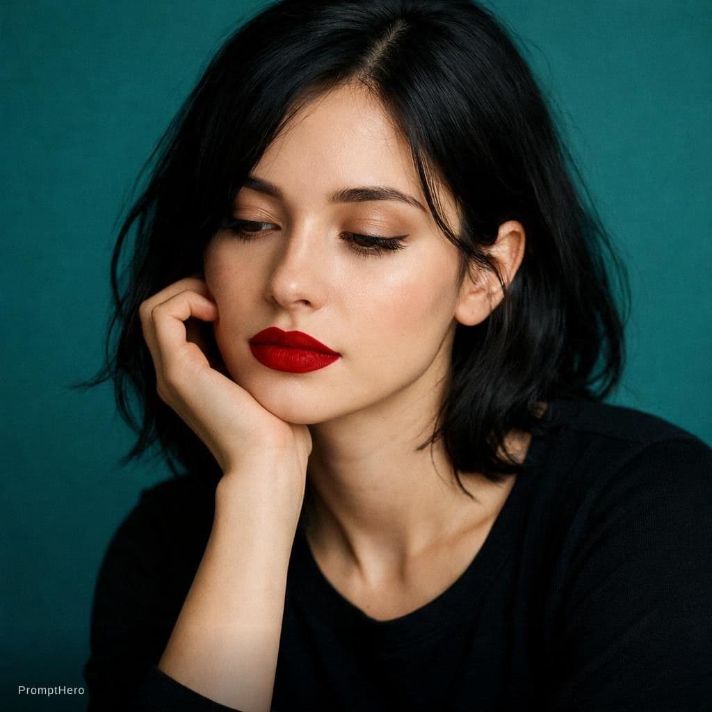 AI generated: 
Contemplative Young Woman with Bold Red Lips
Woman with dark hair and red lips against a teal backg...