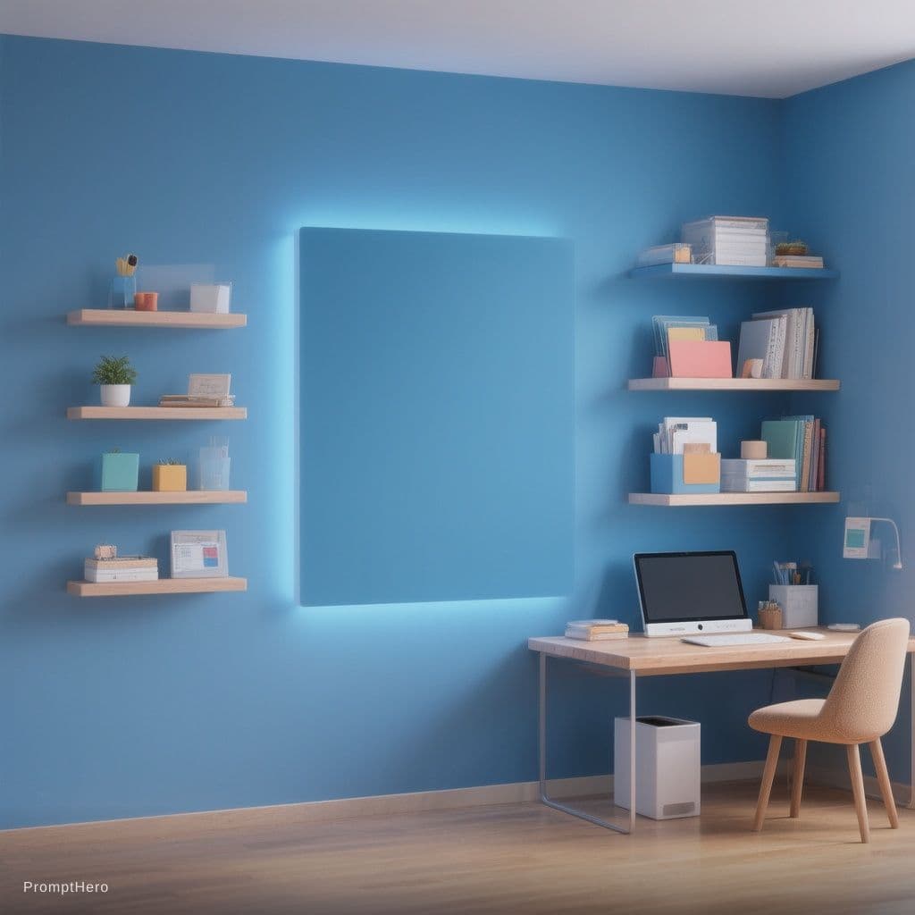 AI generated: A minimalist 3D desktop wallpaper of a modern room with a blue wall and soft ambient lighting, woode...