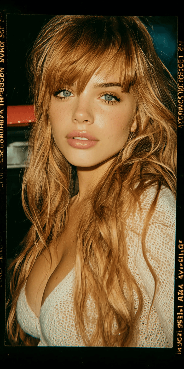 AI generated: Photograph of a woman with long hair, bangs, and a white sweater, medium-length hair, natural lighti...