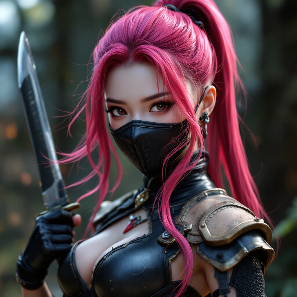 AI generated: Pretty Chinese Girl with magenta colored hair, mask, thick hide armor, hyperrealism, whole body with...