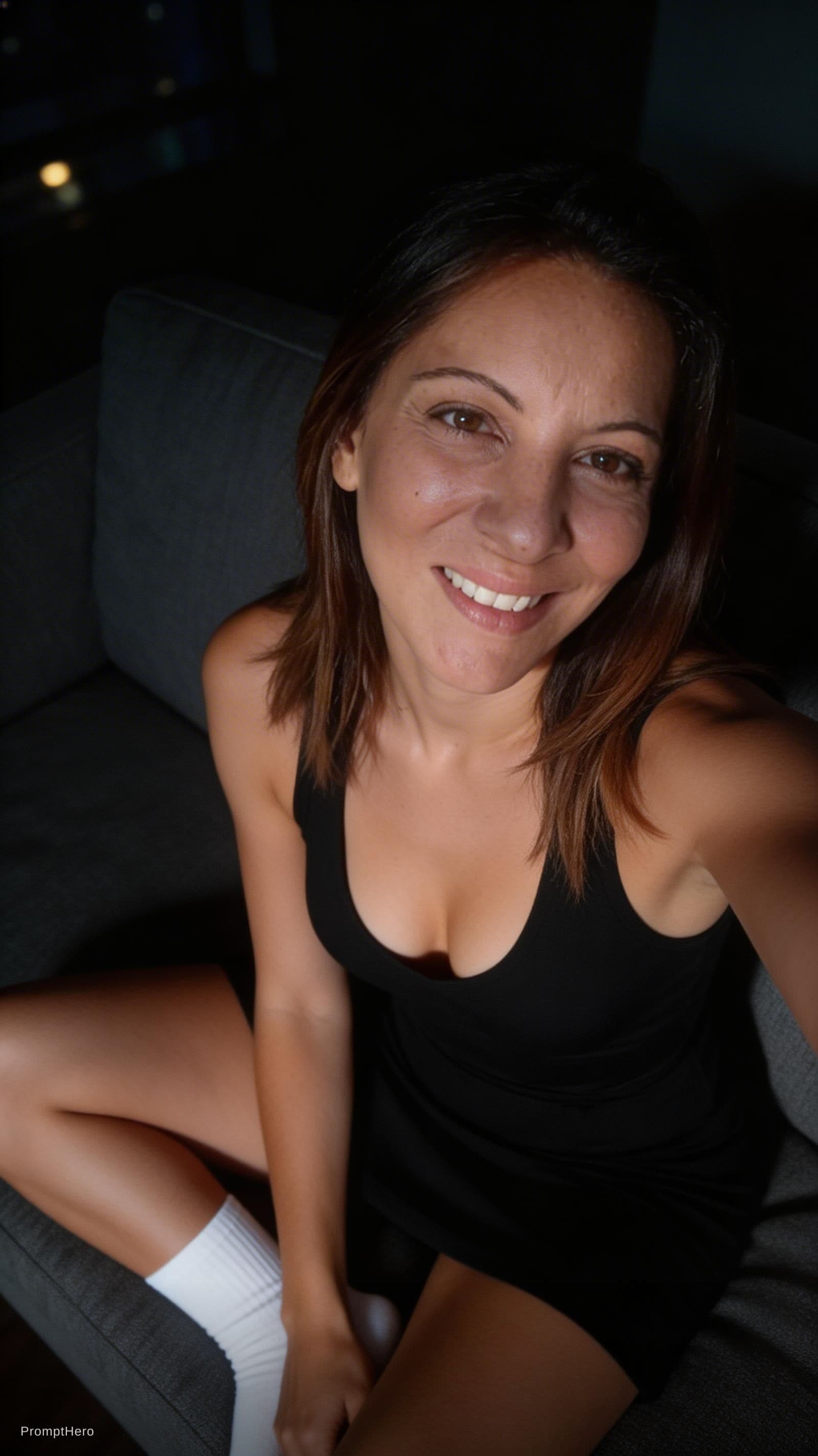 AI generated: looking at me. Sitting on a couch at night(no lights), wearing same (cleavage) dress and white socks...