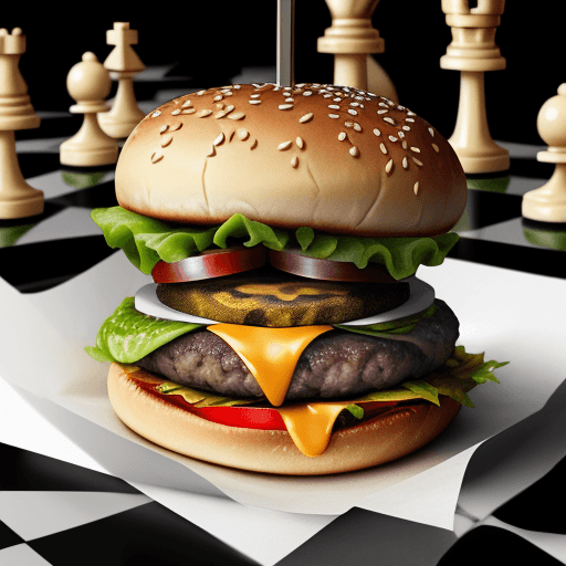 AI generated: Hyper realistic eye picture of a burger with chess pieces on top
