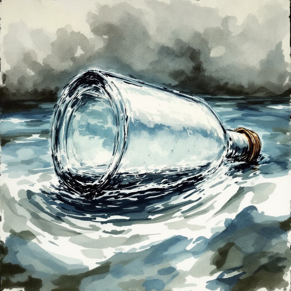 AI generated: an artistic Wet ink, charcoal sketch of a slim roll of paper inside a half submerged tilted bottle, ...