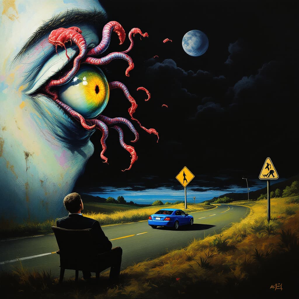 AI generated: A surrealist painting of an eye on the side, with tentacles having red meat coming out from it and c...