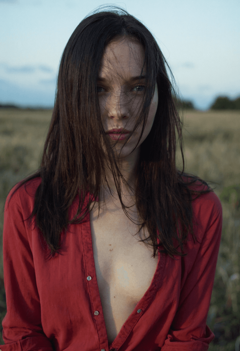 AI generated: cinematic image with dark shadows and high contrast, A fit 30yo woman stands in an open field under ...