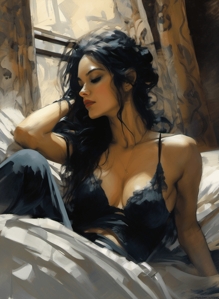 AI generated: a digital painting of a lady waiting in bed, seductive pose, narcissistic, confident, long hair, ele...