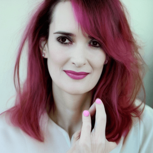 AI generated: winona ryder,  pink hair, hair with ponytail, bangs, (aqaua eyes: 0.9), (makeup, mascara: 0.9), (smi...