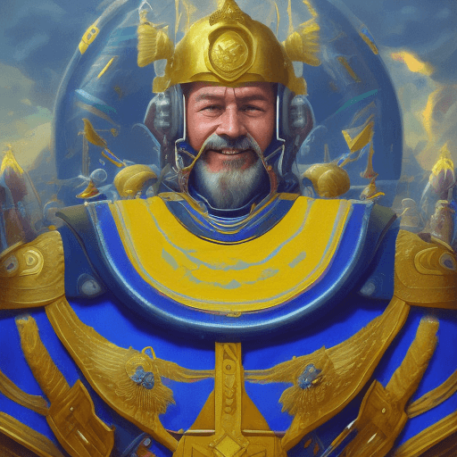 AI generated: a mid distance portrait of general smiling, blue-yellow shield with Ukrainian trident, Ukrainian fla...