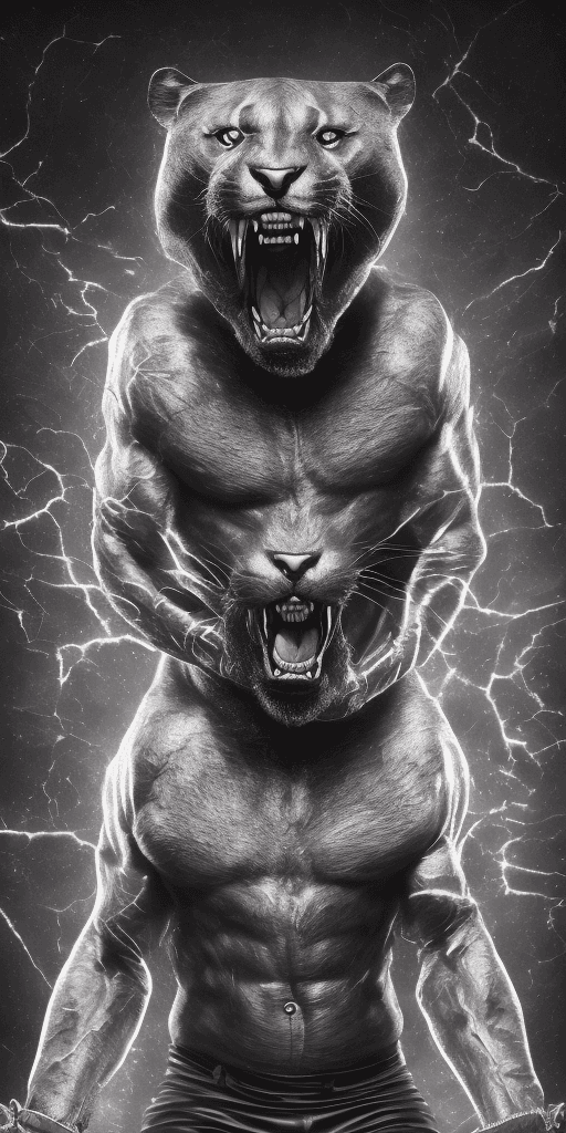 AI generated: a hyper realistic photograph of a stunning anthropomorphic panther modern athletic machoman in biker...