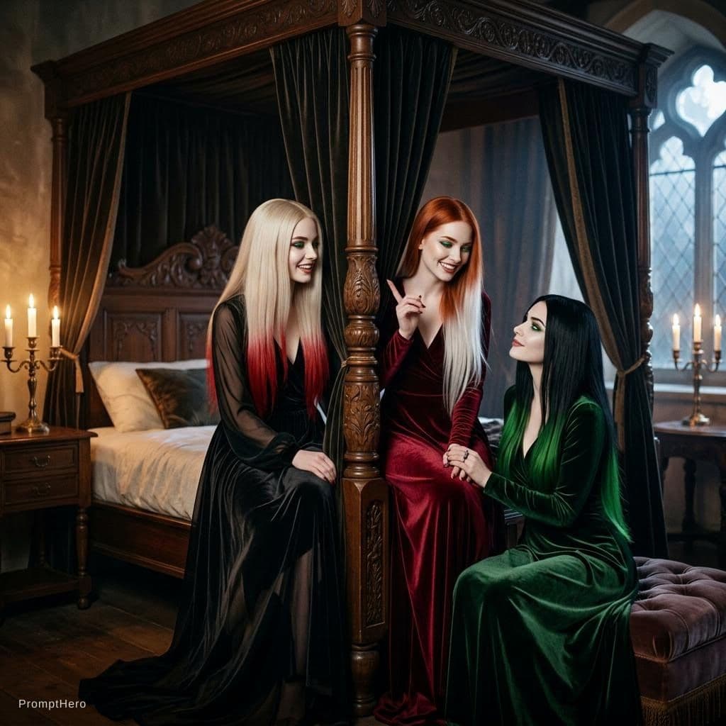 AI generated: Dreamy sensual and playful dark vampire scene in a grand medieval bedroom at night, three beautiful ...
