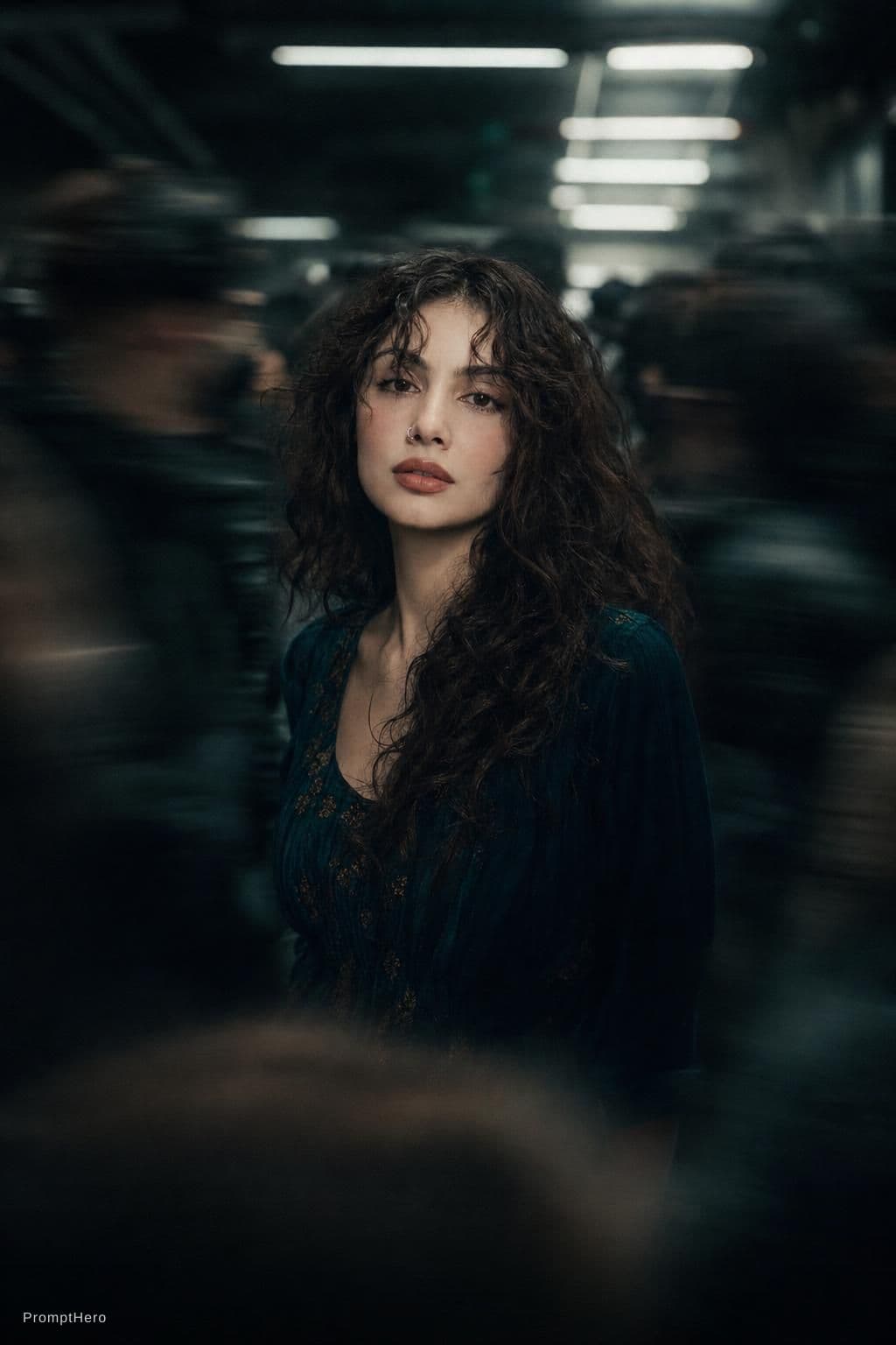 AI generated: Cinematic editorial portrait of a young women in her early twenties standing motionless at the
cente...