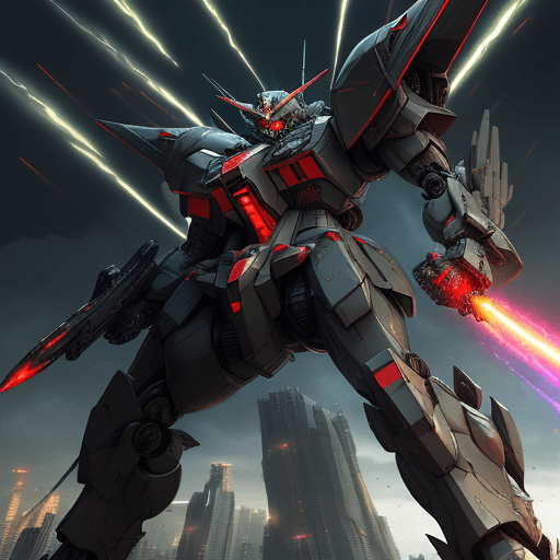 AI generated: high ground angle shot, stormy skyscrappers on low ground, a angry screaming Gundam heavily armed, f...