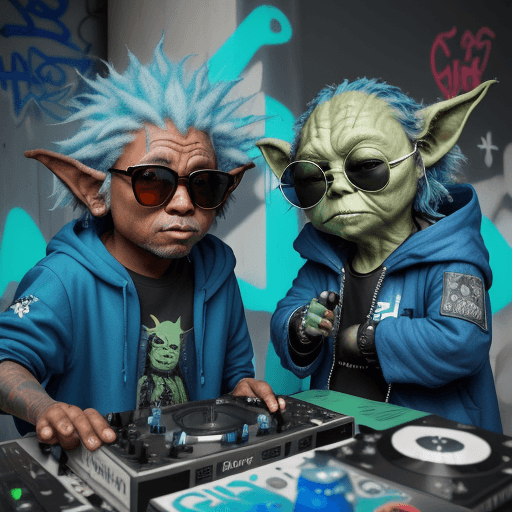 AI generated: criature similar to yoda but blue is dj and Cheewaka with blong hair is breakdancer both with sungla...
