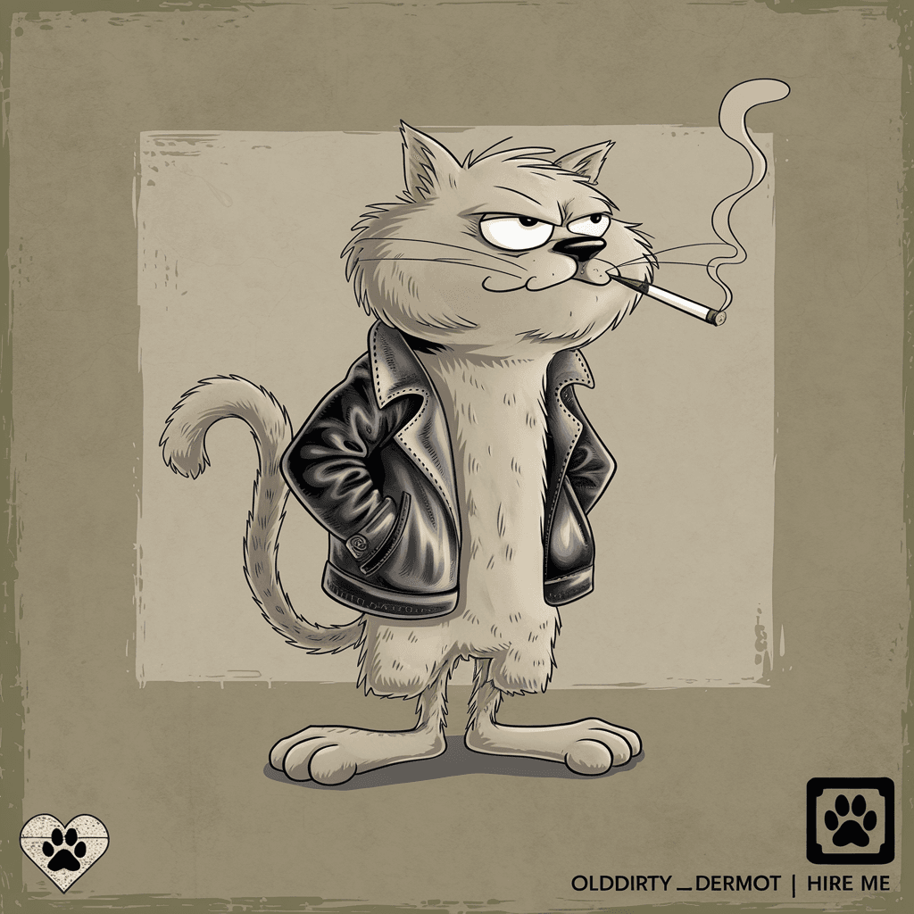 AI generated: A 1950s cartoon-inspired retro image of a scruffy, jagged fur design cat with a squinting expression...