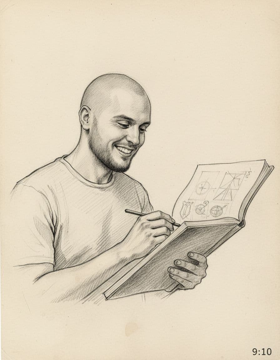 AI generated: young man drawing in the style of Da Vinci, black & grey, on a white background --ar 9:10 --style ra...