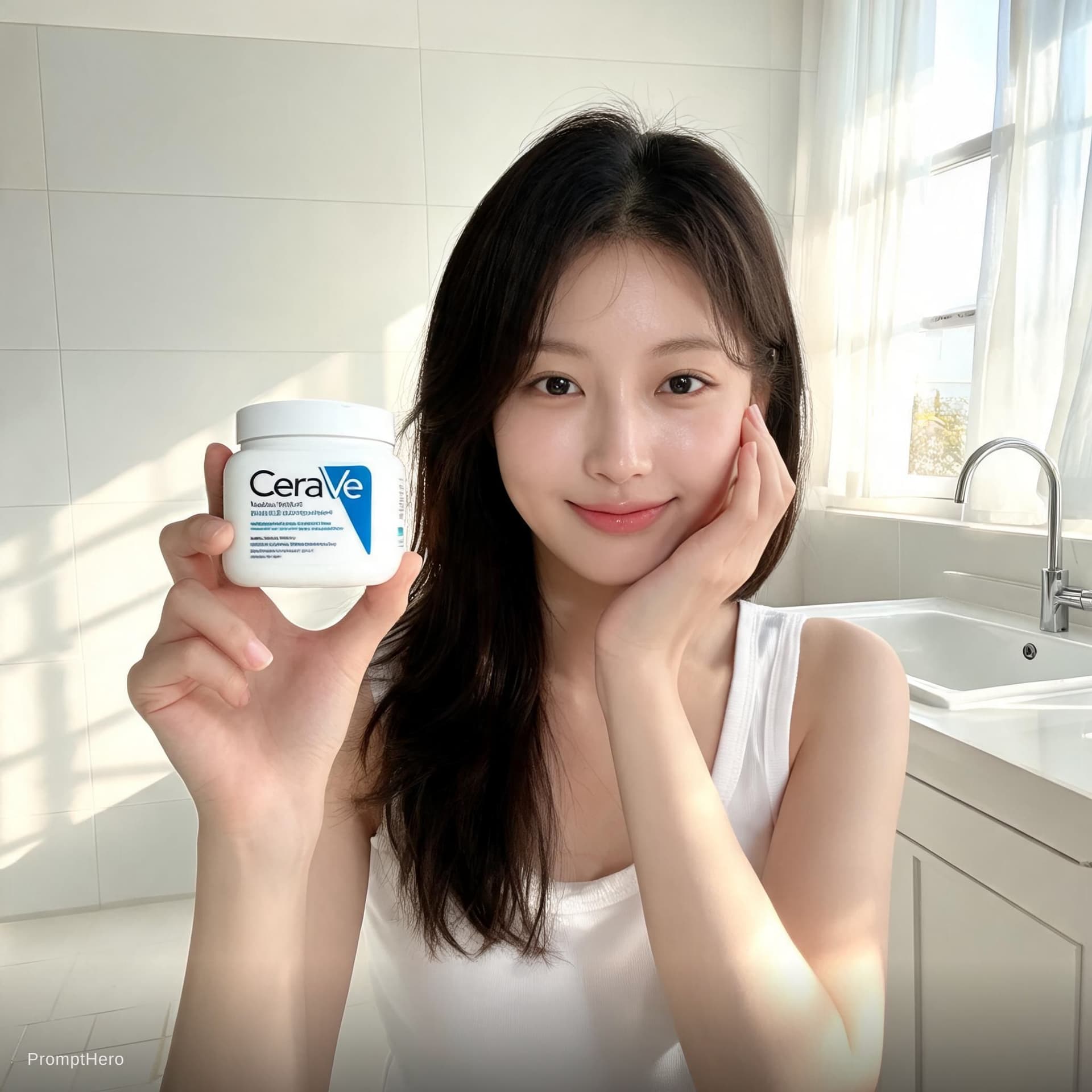 AI generated: A realistic UGC-style skincare ad featuring a young woman in a bright bathroom holding a CeraVe mois...
