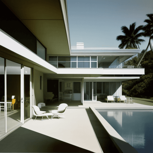AI generated: Hyper realistic eye level exterior photo of a mid century modern style house overlooking the ocean, ...