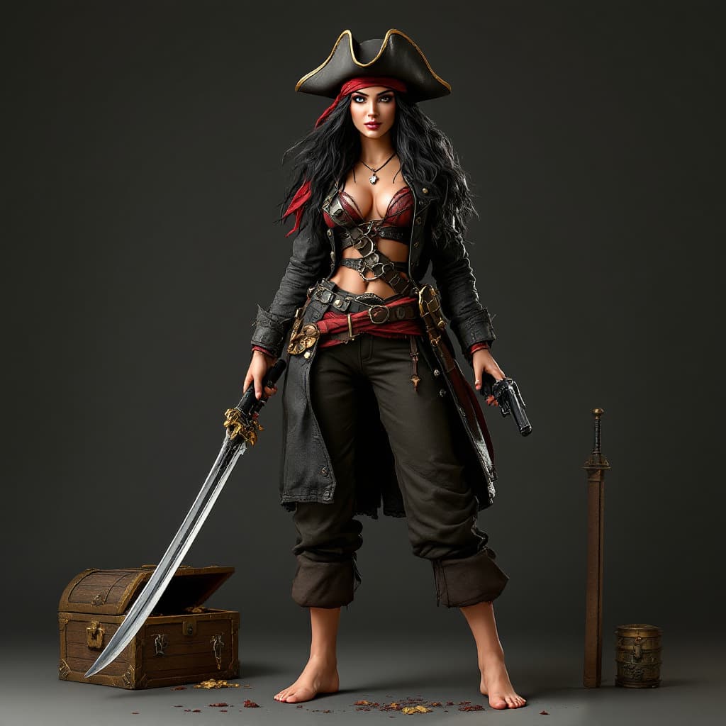 AI generated: Full body view of  a Gorgeous pirate woman, , full body, black hair, withe jacket, pirate hat, red b...