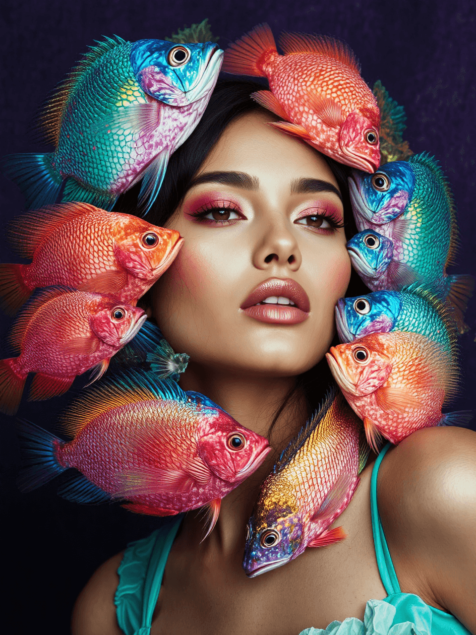 AI generated: A surreal portrait of a beautiful Latina woman with elegant features, blending fashion & fantasy. Br...