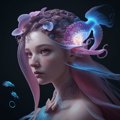 AI generated: Goddess close-up portrait ribcagel. jellyfish phoenix head, nautilus, orchid, skull, betta fish, bio...
