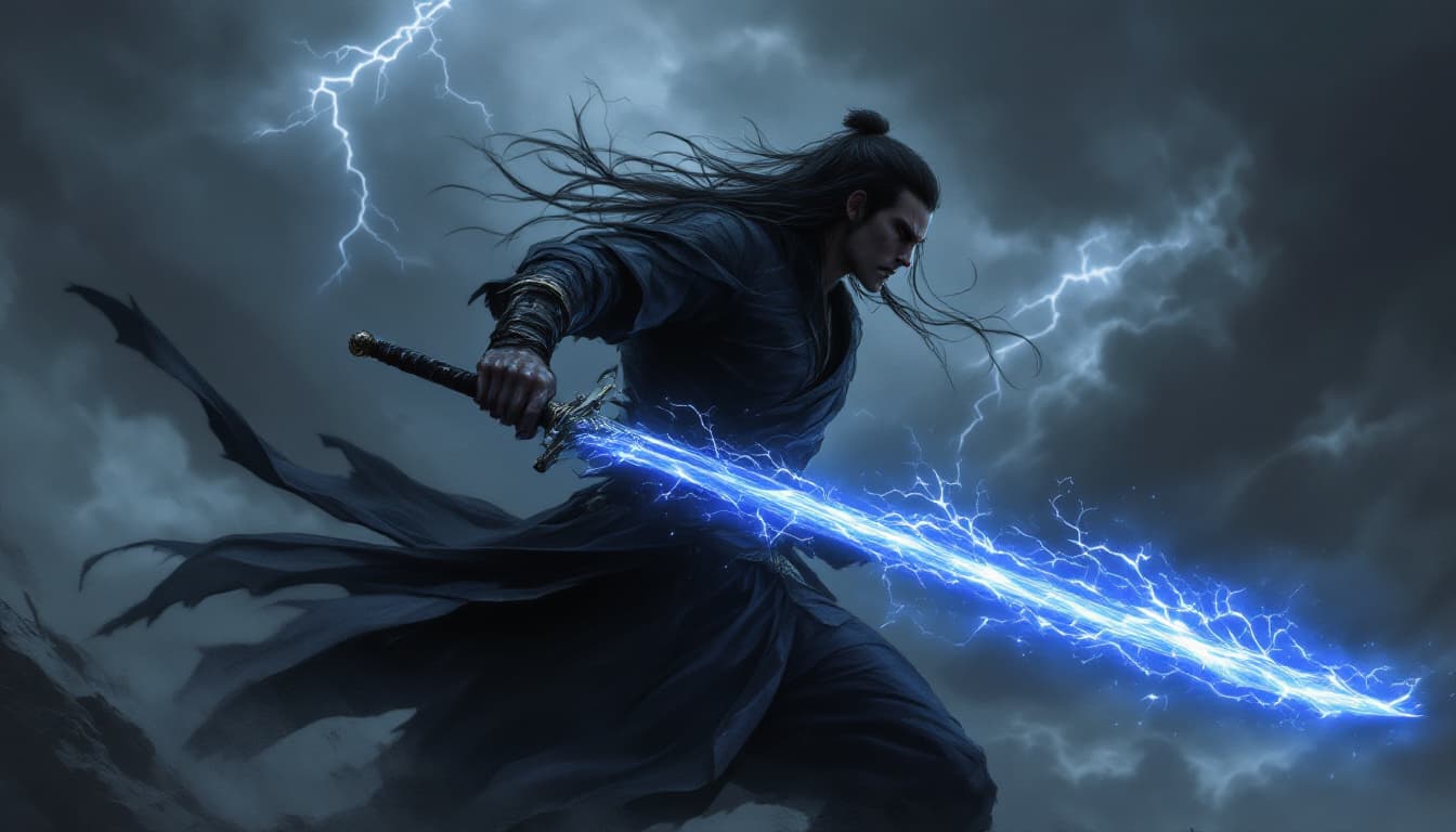 AI generated: A fierce warrior, shrouded in shadows and dynamic energy, wields a glowing blue sword that crackles ...