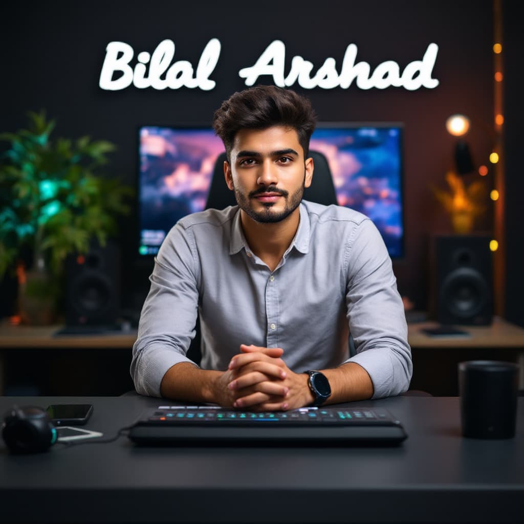 AI generated: Create an young man facing in front. He is a YouTube content creator sitting at a modern computer de...