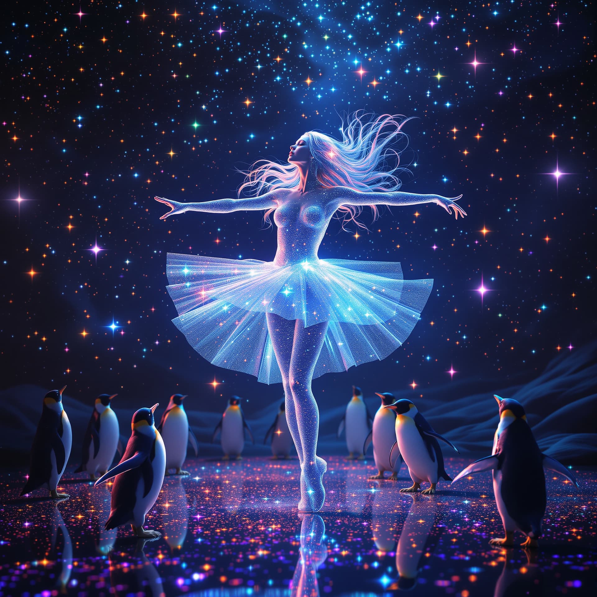 AI generated: Psychedelic. surreal. Transparent ballerina, long hair and short skirt girl made glitter and sparkle...