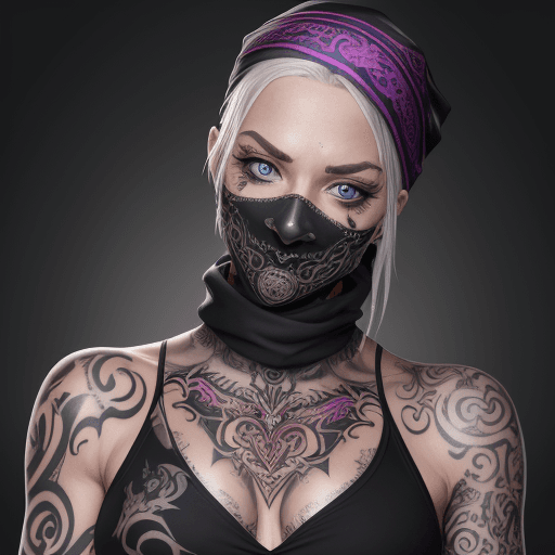 AI generated: verschiedene augenfarben, 8k, masterpice bodytattoo, weiße skimaske, bandana kopfbedeckung, junge fr...