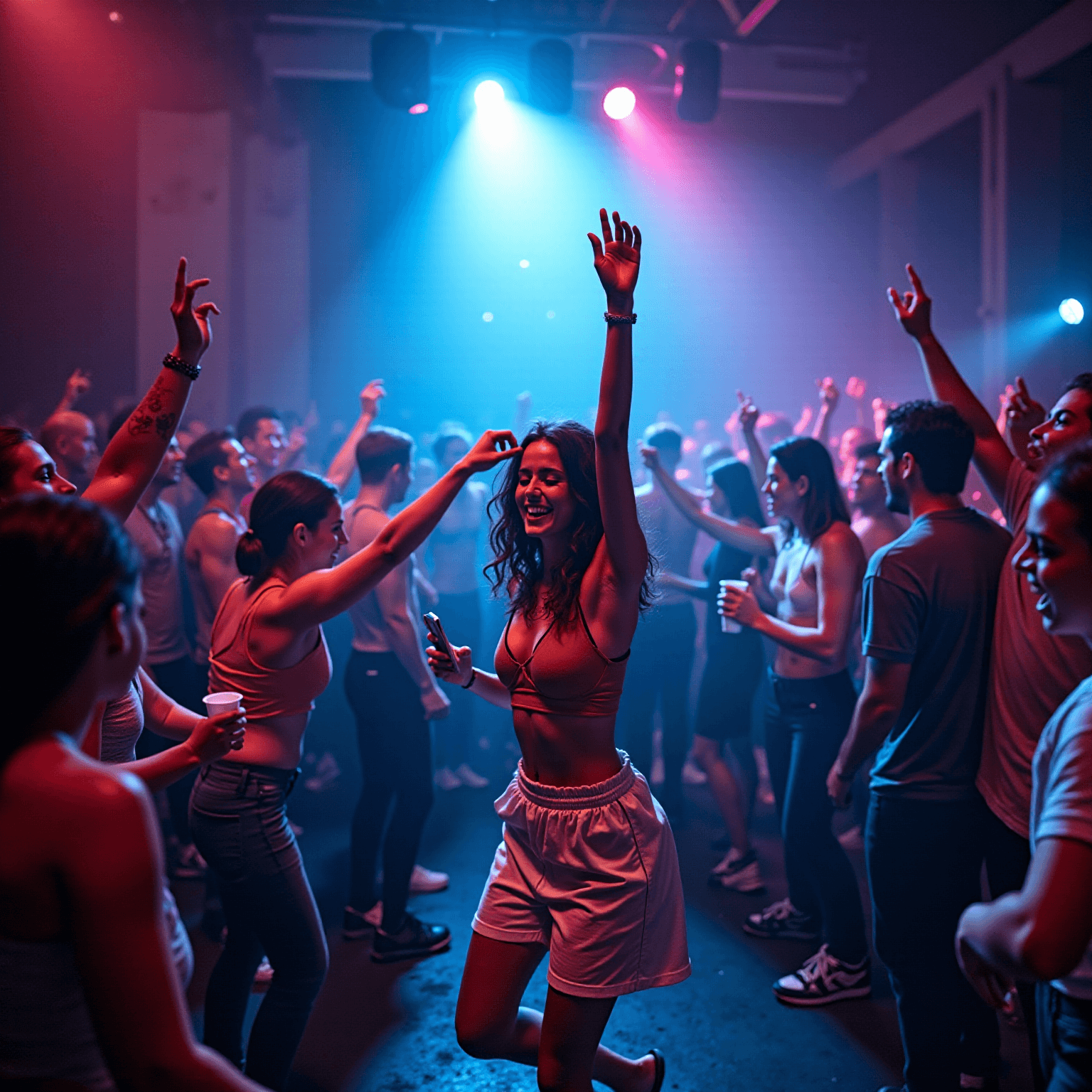 AI generated: wide angle photo of a cute techno rave girl dancing wildly in the middle of a berlin underground dan...