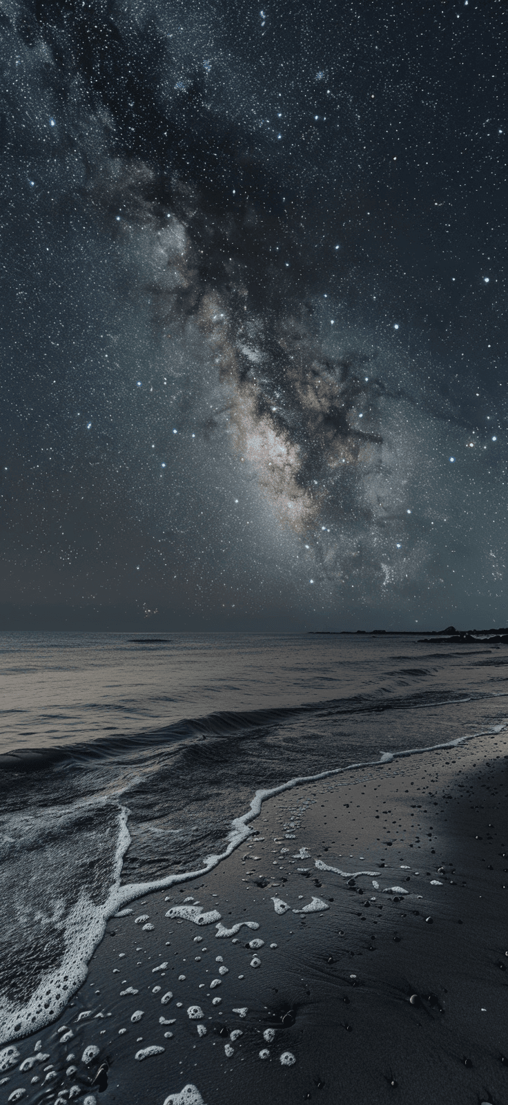 AI generated: The starry sky shines on the beach, with dark gray sand and shallow water in front of it. The Milky ...
