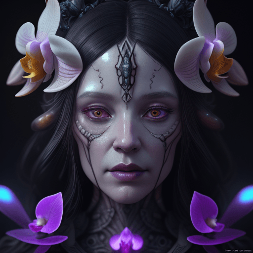 AI generated: Goddess close-up portrait ribcagel. orchid, skull, bioluminiscent creatures, intricate artwork . oct...