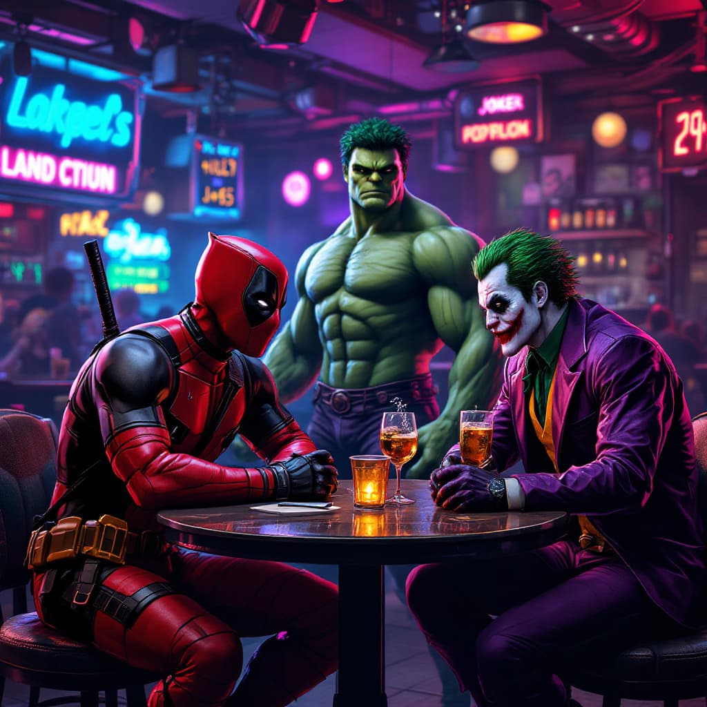 AI generated: Deadpool and hulk and the joker sitting at a table drinking at a club in a cyberpunk world