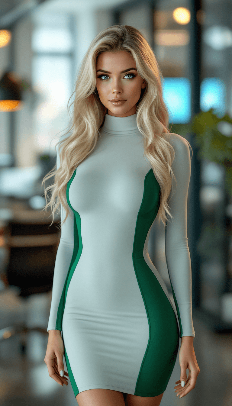 AI generated:  female, blond long Hair, wearing a beautiful green miniskirt dress, Her dress is skintight and feat...