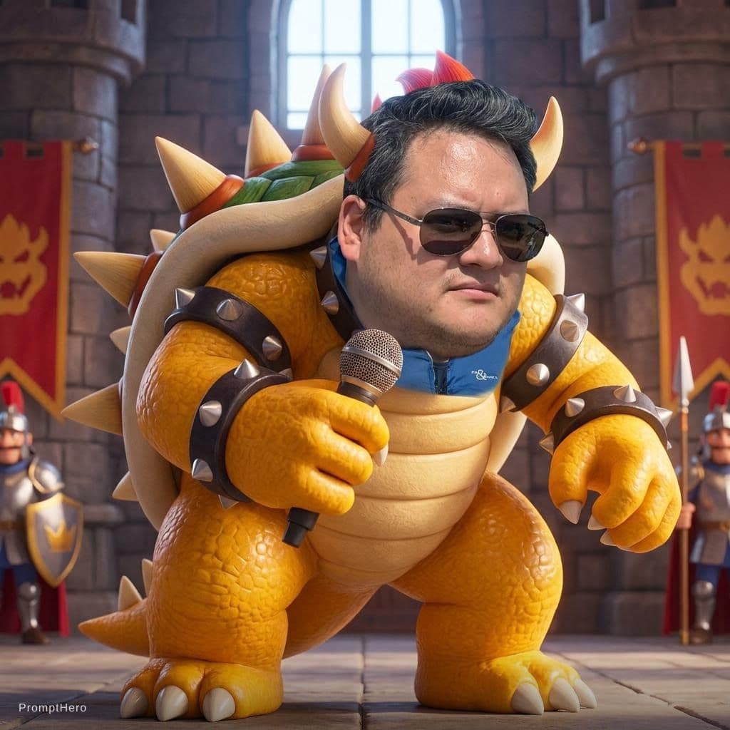 AI generated: replace the face of Bowser with the face of this man