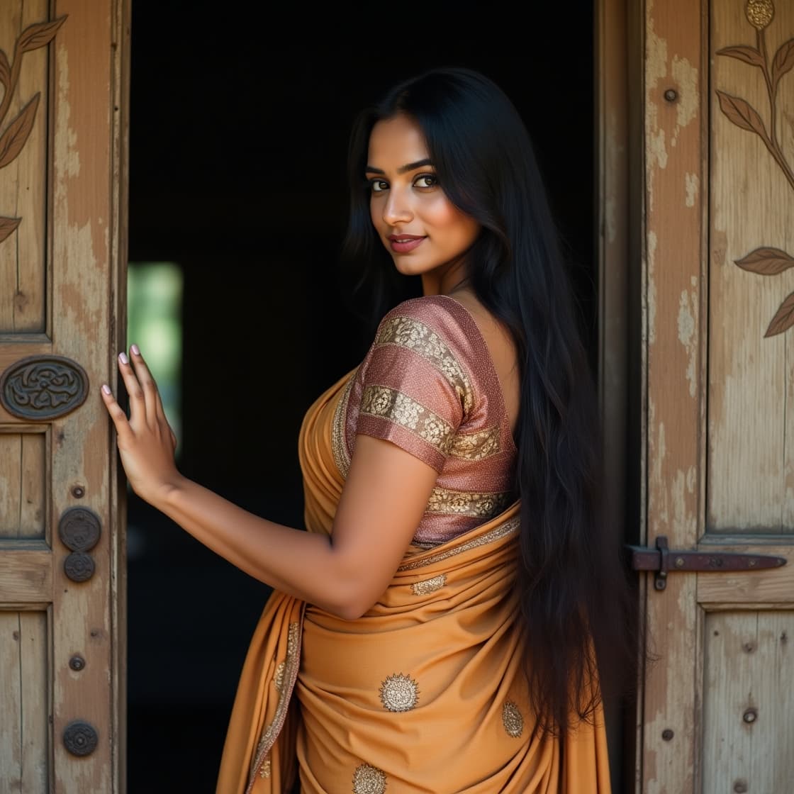 AI generated: A midshot of breathtakingly beautiful, voluptuous Indian woman stands leaning one side alluringly at...