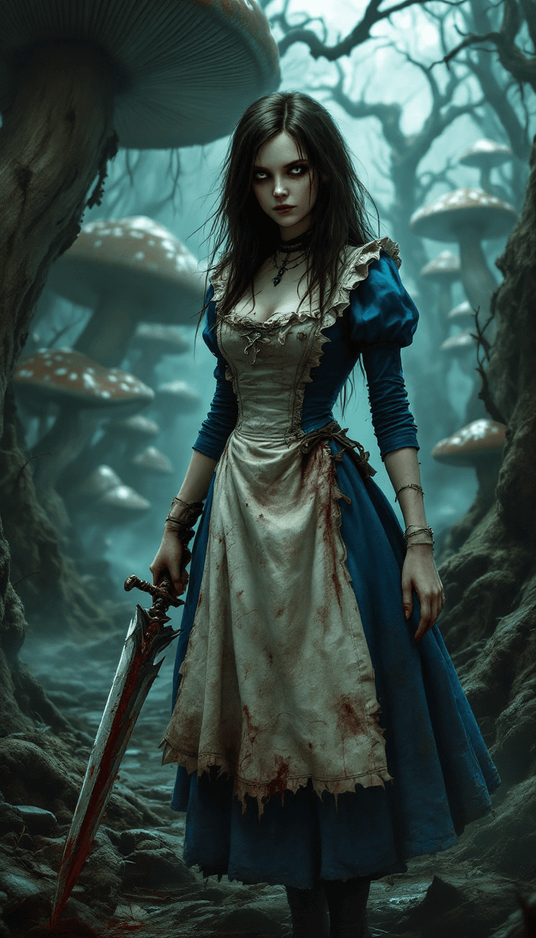 AI generated: Alice Liddell from Alice: Madness Returns, dark brown hair, pale skin, wearing a tattered blue Victo...