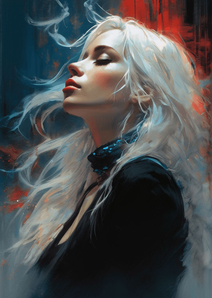 AI generated: side profile of a girl, close up, looking up, confident, moody hue, badass, long white hair, digital...
